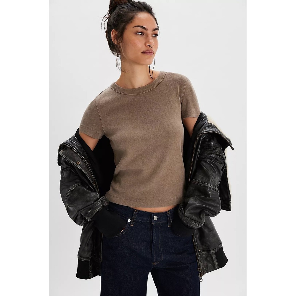 We The Free Free People Women Brown Short Sleeve Crew Neck Slub Tee Shirt S